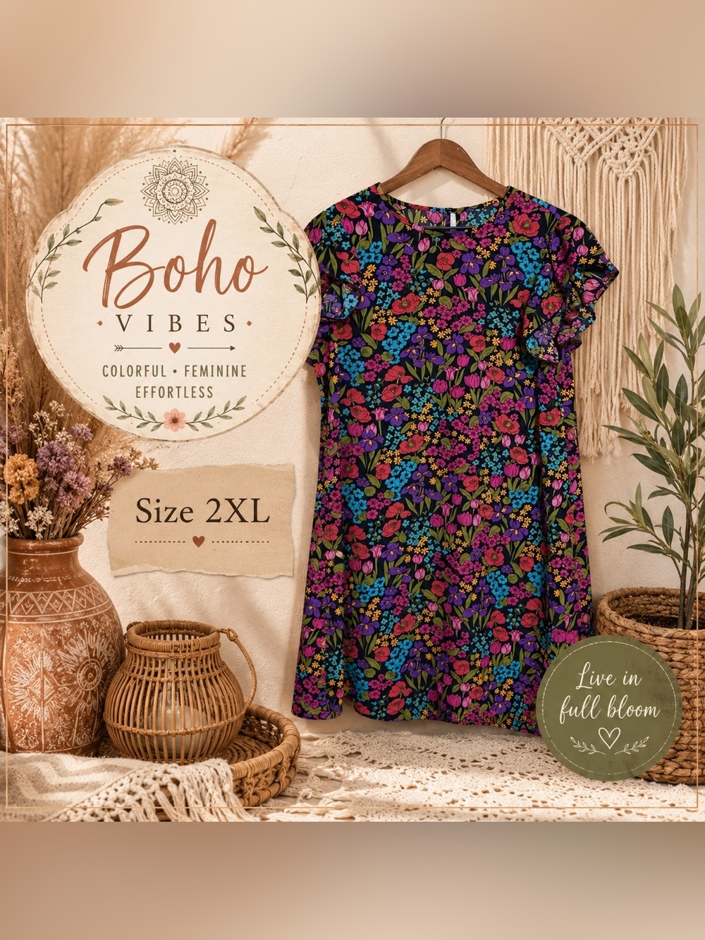 Women Plus Size 2XL Floral Ruffle Sleeve Shift Dress